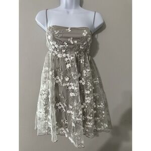 LUCY IN THE SKY Floral Embroidered Back Bow Mini Dress Taupe Tulle Size M